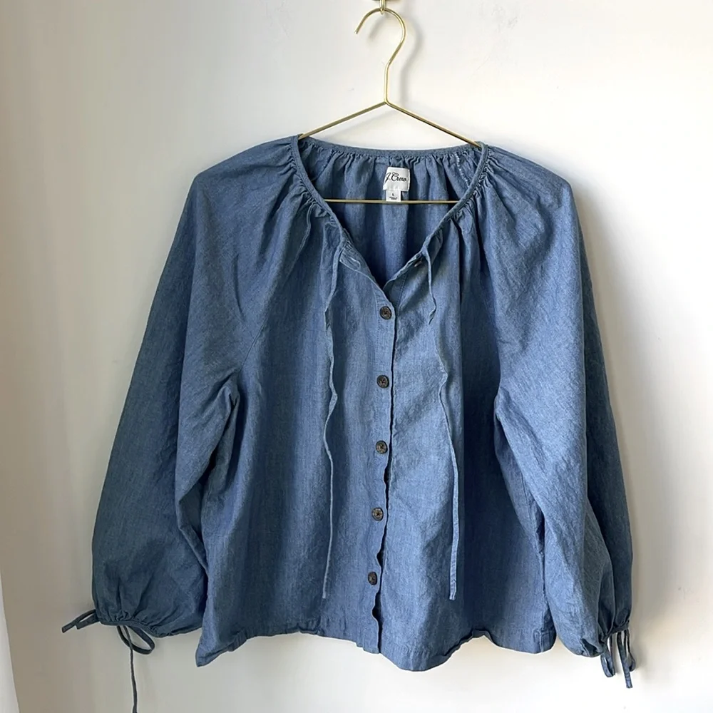 J. Crew Tie Sleeve Button Front Chambray Top with Tie Neck Detail Cotton Size L